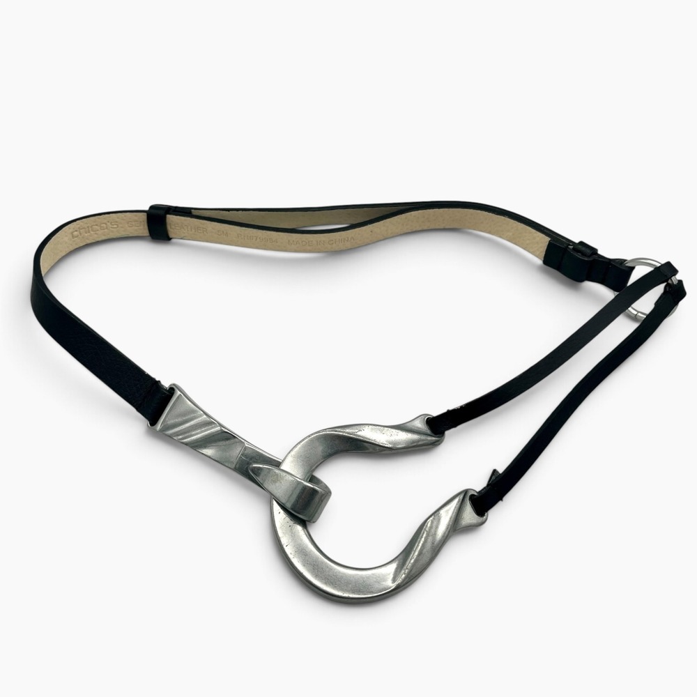 Chico's Black Genuine Leather Belt Silver Hook Eye Buckle Small Medium